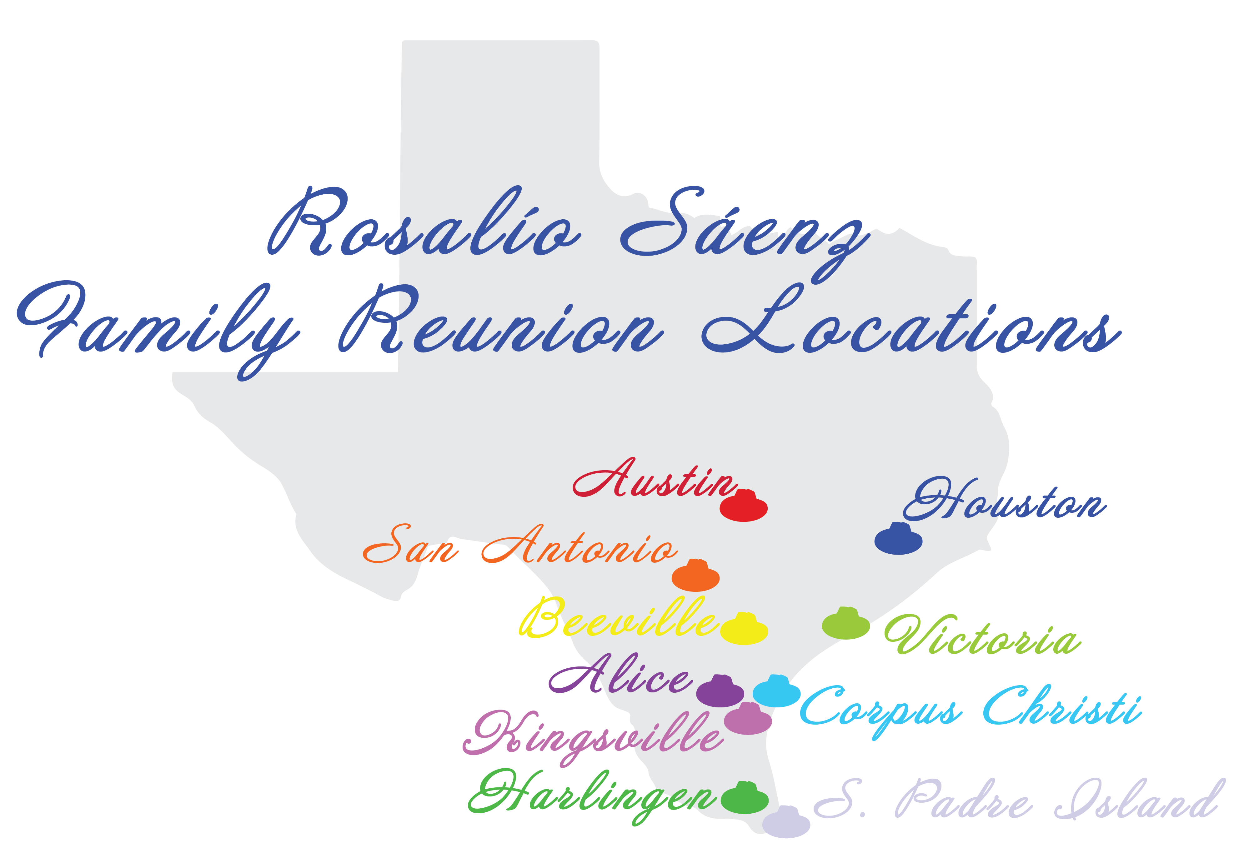 Texas outline with past reunion sites
